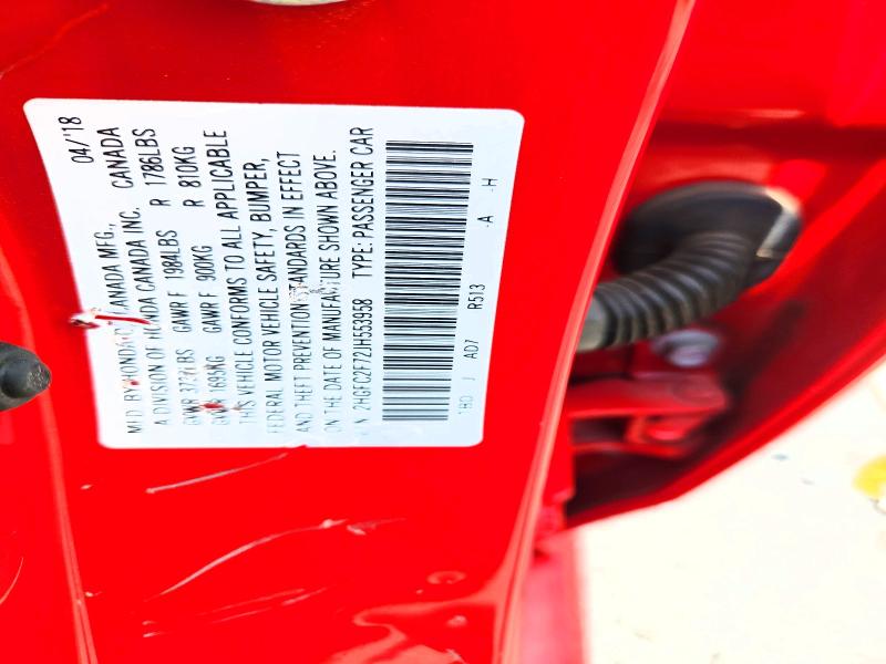 Продаж на аукціоні авто 2018 Honda Civic, vin: 2HGFC2F72JH553958, номер лоту: 61168956