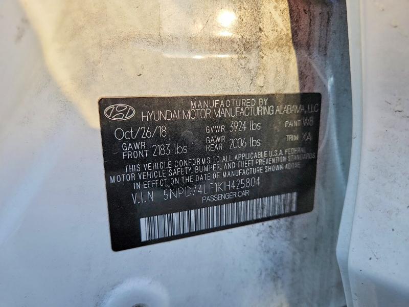 2019 Hyundai Elantra მანქანა იყიდება აუქციონზე, vin: 5NPD74LF1KH425804, აუქციონის ნომერი: 61875376
