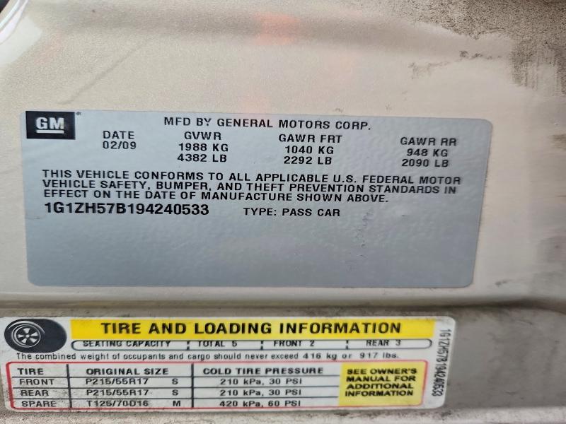 2009 Chevrolet Malibu მანქანა იყიდება აუქციონზე, vin: 1G1ZH57B194240533, აუქციონის ნომერი: 59148786