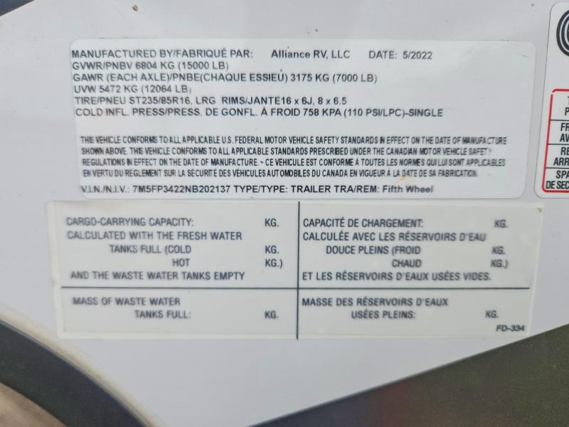 Продажа на аукционе авто 2022 Alliance Rv Recreational Vehicle (rv), vin: 7M5FP3422NB202137, номер лота: 56194426