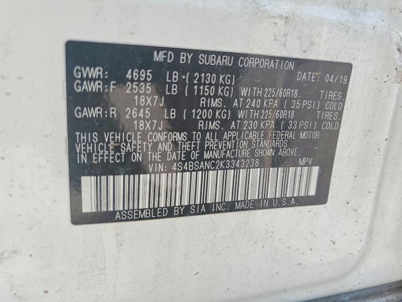59615836 :رقم المزاد ، 4S4BSANC2K3343238 vin ، 2019 Subaru Outback مزاد بيع