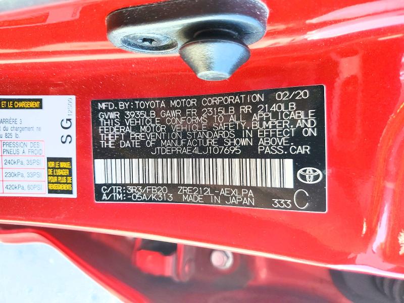 63201536 :رقم المزاد ، JTDEPRAE4LJ107695 vin ، 2020 Toyota Corolla مزاد بيع