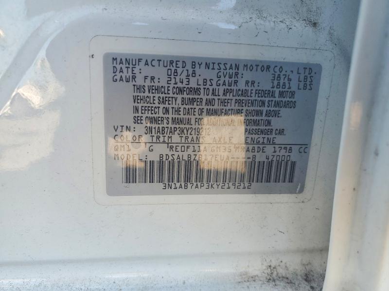 Продаж на аукціоні авто 2019 Nissan Sentra, vin: 3N1AB7AP3KY219212, номер лоту: 62392876