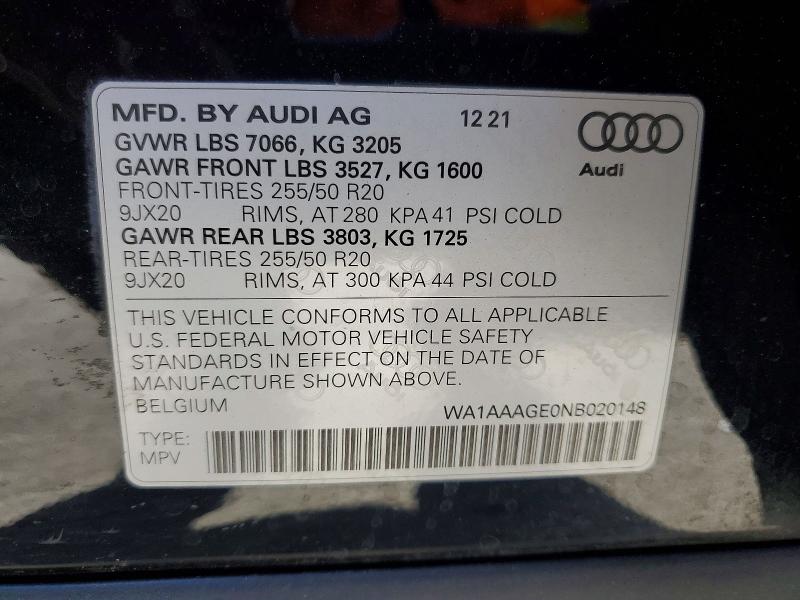 2022 Audi E-tron მანქანა იყიდება აუქციონზე, vin: WA1AAAGE0NB020148, აუქციონის ნომერი: 62237056