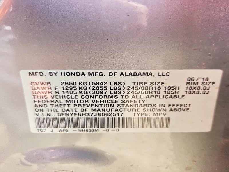 Aukcja sprzedaży 2018 Honda Pilot, vin: 5FNYF6H37JB062517, numer aukcji: 58980216