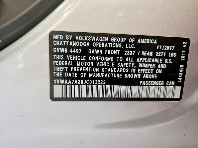 62102716 :رقم المزاد ، 1VWAA7A36JC013223 vin ، 2018 Volkswagen Passat مزاد بيع