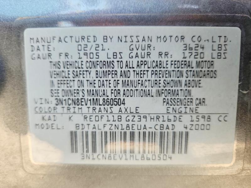 60774136 :رقم المزاد ، 3N1CN8EV1ML860504 vin ، 2021 Nissan Versa مزاد بيع