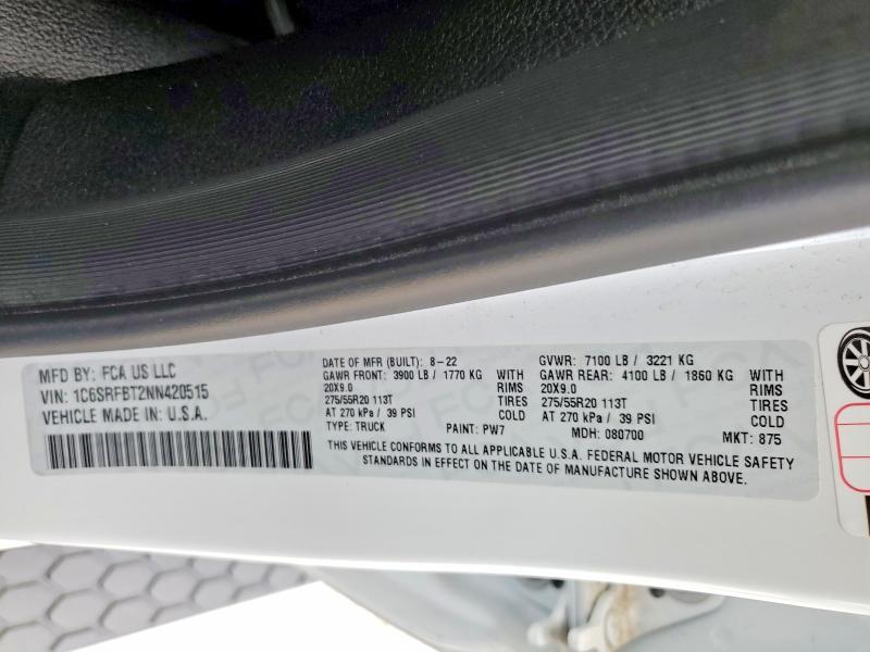 2022 Ram 1500 მანქანა იყიდება აუქციონზე, vin: 1C6SRFBT2NN420515, აუქციონის ნომერი: 59799706