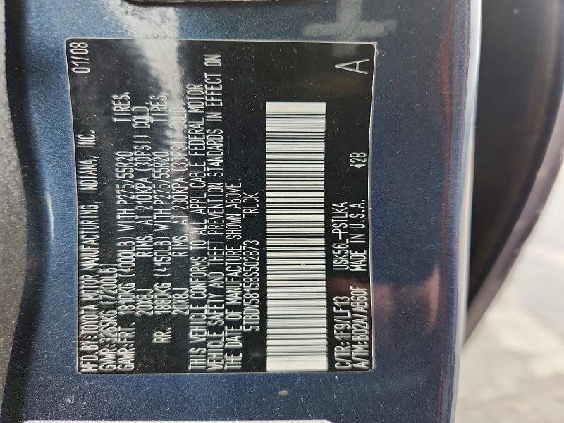60489116 :رقم المزاد ، 5TBDV58158S502873 vin ، 2008 Toyota Tundra مزاد بيع