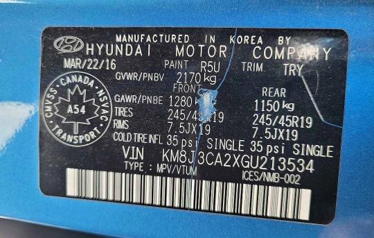Aukcja sprzedaży 2016 Hyundai Tucson, vin: KM8J3CA2XGU213534, numer aukcji: 62411516
