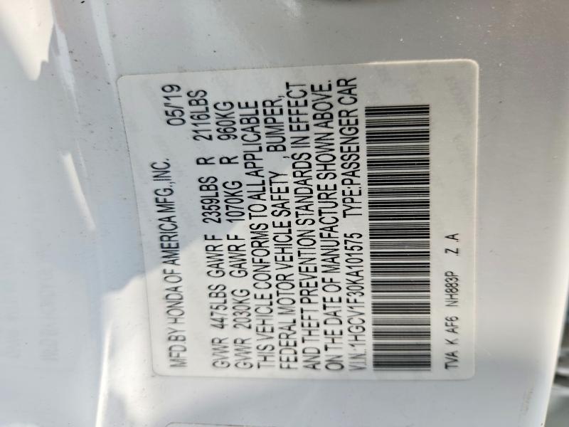 Продаж на аукціоні авто 2019 Honda Accord, vin: 1HGCV1F30KA101575, номер лоту: 59316356