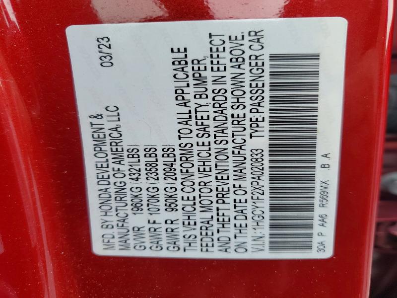 Продаж на аукціоні авто 2023 Honda Accord, vin: 1HGCY1F2XPA020833, номер лоту: 59593356