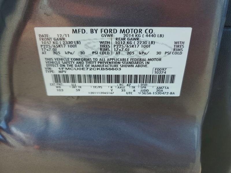 Продаж на аукціоні авто 2012 Ford Escape, vin: 1FMCU0E72CKB56603, номер лоту: 60882536