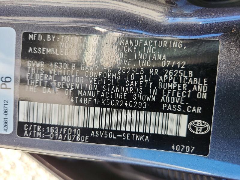 59823386 :رقم المزاد ، 4T4BF1FK5CR240293 vin ، 2012 Toyota Camry مزاد بيع