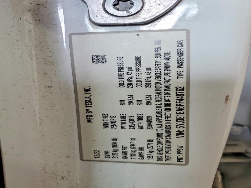 60070746 :رقم المزاد ، 5YJ3E1EA6PF448762 vin ، 2023 Tesla Model 3 مزاد بيع