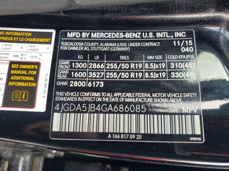 2016 Mercedes-benz Gle მანქანა იყიდება აუქციონზე, vin: 4JGDA5JB4GA686085, აუქციონის ნომერი: 60434536