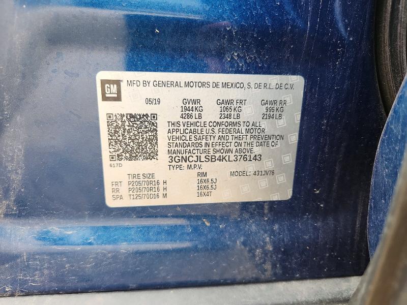 Aukcja sprzedaży 2019 Chevrolet Trax, vin: 3GNCJLSB4KL376143, numer aukcji: 62218976