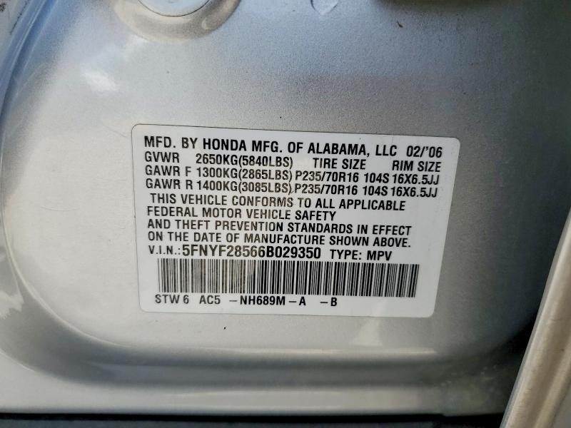 2006 Honda Pilot მანქანა იყიდება აუქციონზე, vin: 5FNYF28566B029350, აუქციონის ნომერი: 60470656