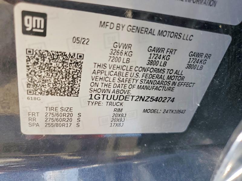 61231466 :رقم المزاد ، 1GTUUDET2NZ540274 vin ، 2022 Gmc Sierra مزاد بيع