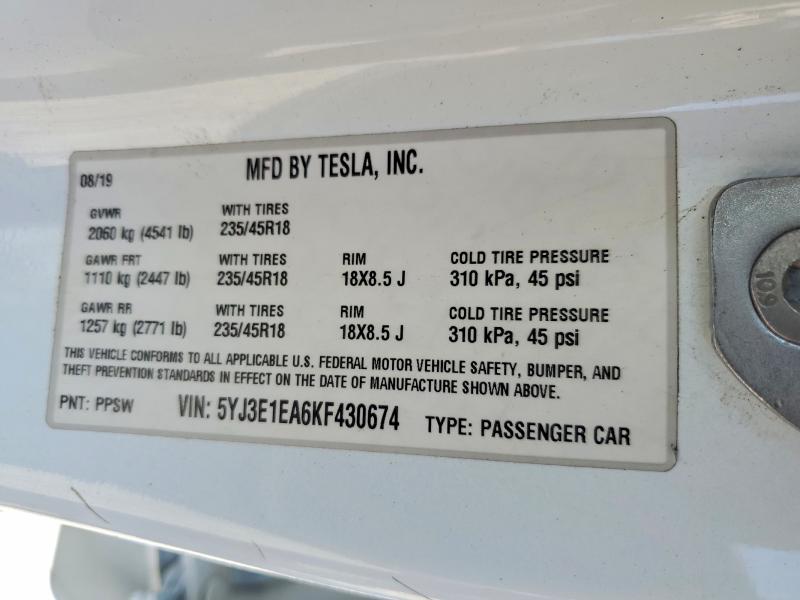 Aukcja sprzedaży 2019 Tesla Model 3, vin: 5YJ3E1EA6KF430674, numer aukcji: 62659396