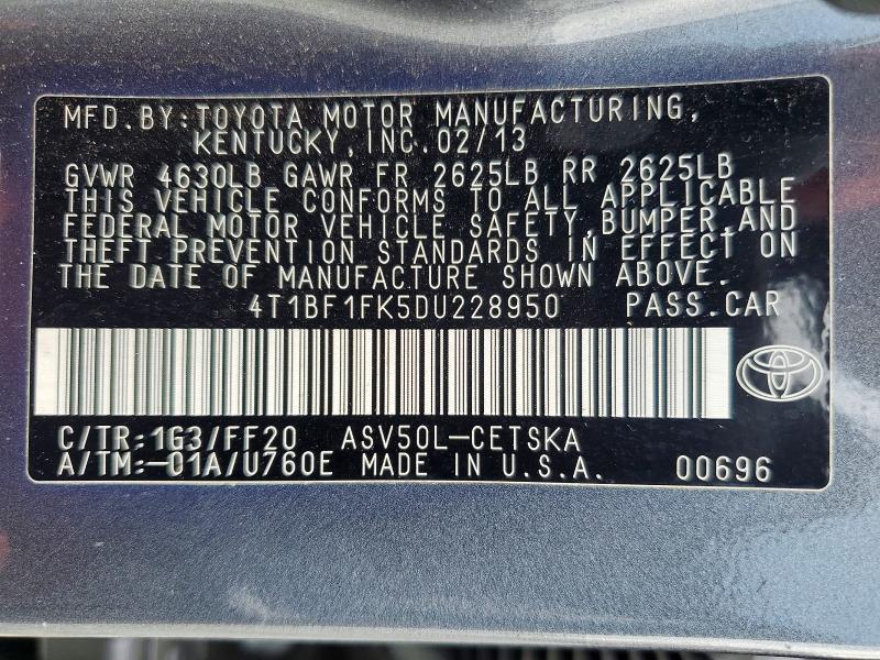 2013 Toyota Camry მანქანა იყიდება აუქციონზე, vin: 4T1BF1FK5DU228950, აუქციონის ნომერი: 62835356