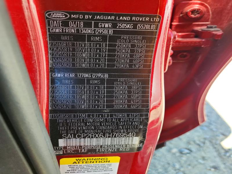 Aukcja sprzedaży 2018 Land Rover Discovery Sport, vin: SALCP2RX6JH769540, numer aukcji: 61670936