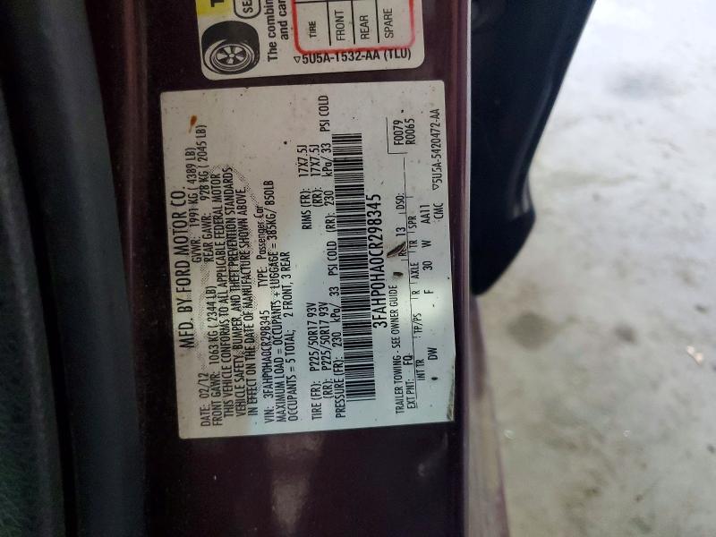 Aukcja sprzedaży 2012 Ford Fusion, vin: 3FAHP0HA0CR298345, numer aukcji: 62239226