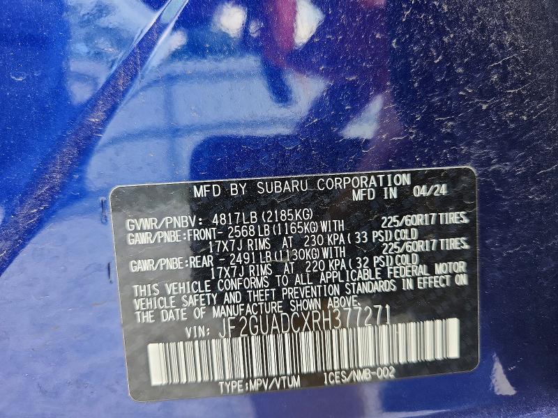 Aukcja sprzedaży 2024 Subaru Crosstrek, vin: JF2GUADCXRH377271, numer aukcji: 59846426