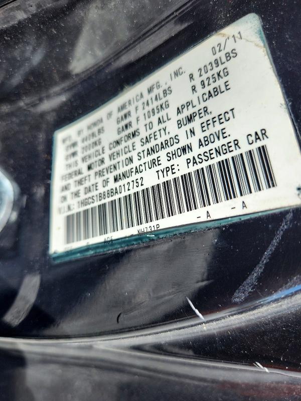 2011 Honda Accord მანქანა იყიდება აუქციონზე, vin: 1HGCS1B88BA012752, აუქციონის ნომერი: 59307946