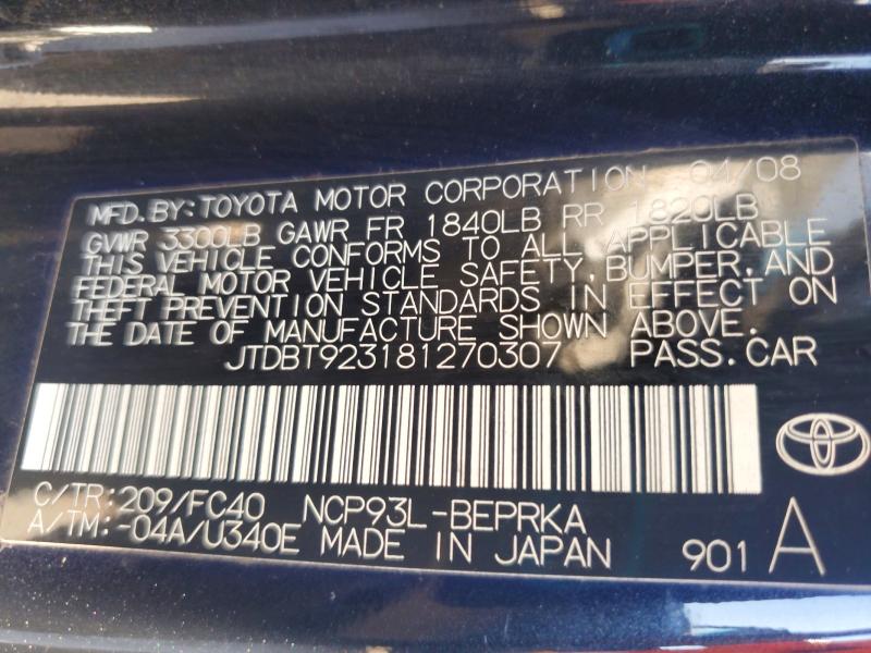 63037876 :رقم المزاد ، JTDBT923181270307 vin ، 2008 Toyota Yaris مزاد بيع