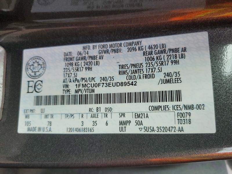 61686186 :رقم المزاد ، 1FMCU0F73EUD89542 vin ، 2014 Ford Escape مزاد بيع