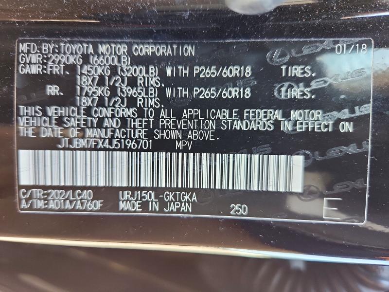 62457116 :رقم المزاد ، JTJBM7FX4J5196701 vin ، 2018 Lexus Gx مزاد بيع