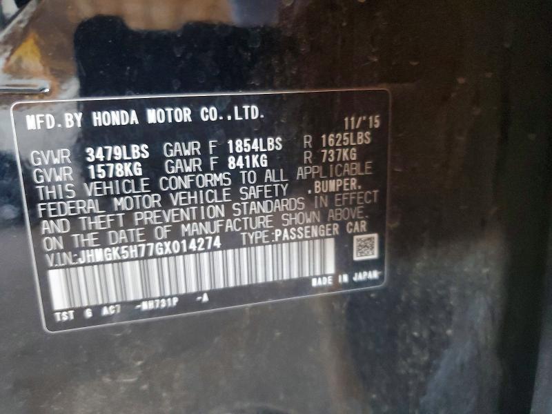 2016 Honda Fit მანქანა იყიდება აუქციონზე, vin: JHMGK5H77GX014274, აუქციონის ნომერი: 62946356
