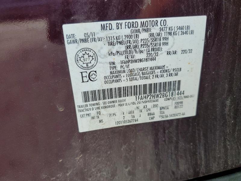 60698206 :رقم المزاد ، 1FAHP2HW2BG181444 vin ، 2011 Ford Taurus مزاد بيع