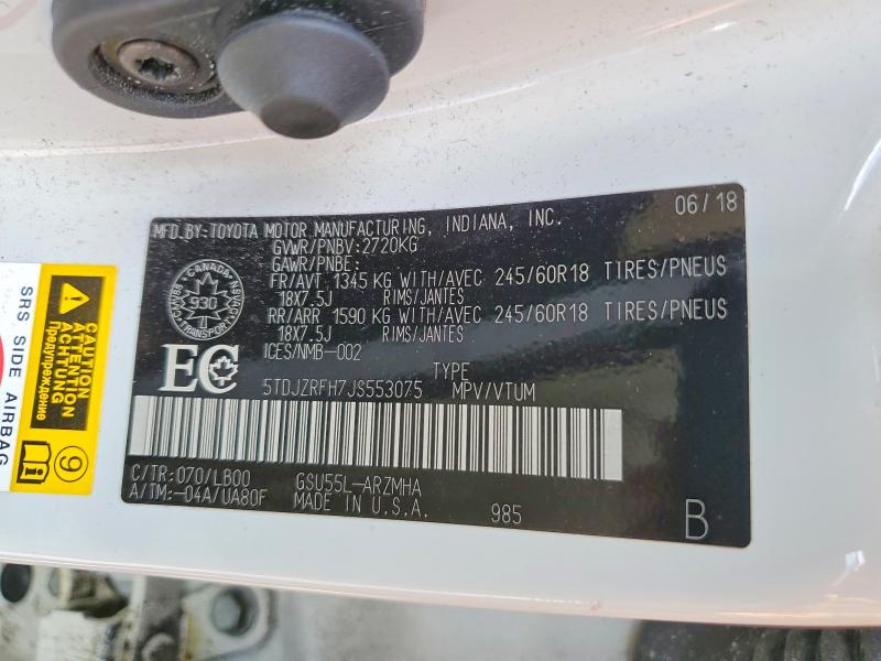 61308166 :رقم المزاد ، 5TDJZRFH7JS553075 vin ، 2018 Toyota Highlander مزاد بيع