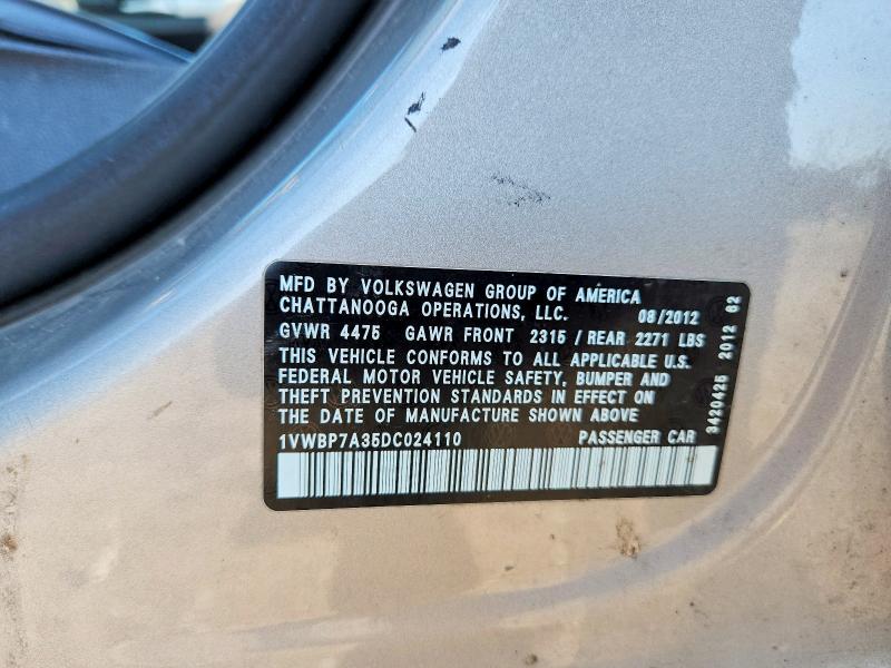 Aukcja sprzedaży 2013 Volkswagen Passat, vin: 1VWBP7A35DC024110, numer aukcji: 60024246