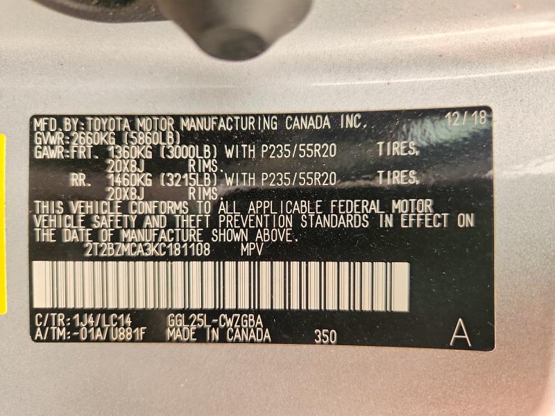 Продажа на аукционе авто 2019 Lexus Rx 350, vin: 2T2BZMCA3KC181108, номер лота: 60660806