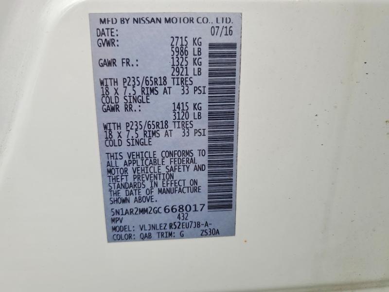 2016 Nissan Pathfinder მანქანა იყიდება აუქციონზე, vin: 5N1AR2MM2GC668017, აუქციონის ნომერი: 60214556
