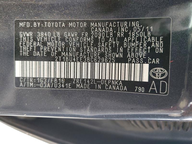 2011 Toyota Corolla მანქანა იყიდება აუქციონზე, vin: 2T1BU4EE3BC629625, აუქციონის ნომერი: 61841346