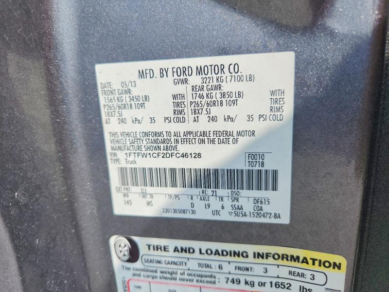 62787296 :رقم المزاد ، 1FTFW1CF2DFC46128 vin ، 2013 Ford F150 مزاد بيع