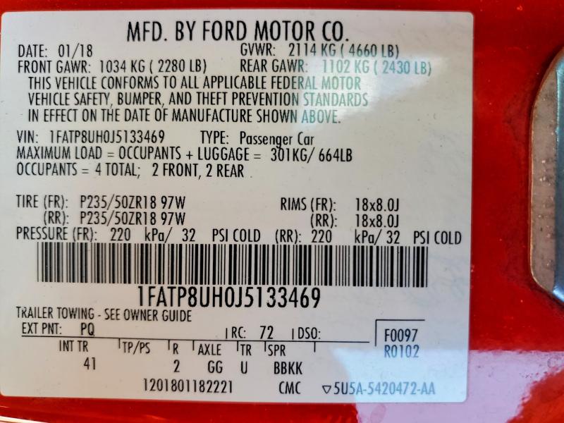2018 Ford Mustang მანქანა იყიდება აუქციონზე, vin: 1FATP8UH0J5133469, აუქციონის ნომერი: 61622366