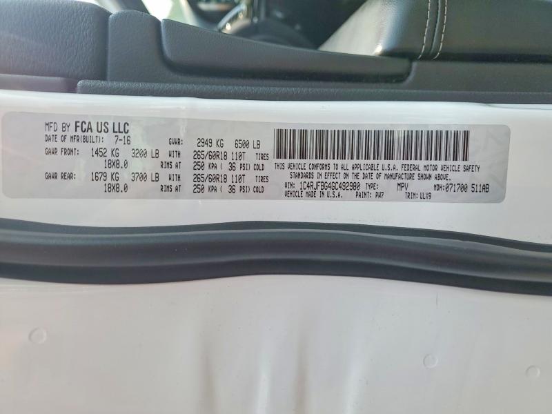Продаж на аукціоні авто 2016 Jeep Grand Cherokee, vin: 1C4RJFBG4GC492980, номер лоту: 61330086
