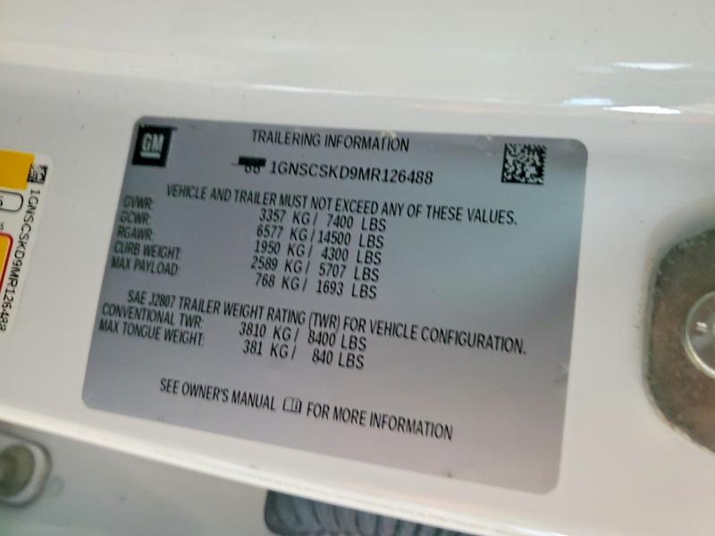 2021 Chevrolet Tahoe მანქანა იყიდება აუქციონზე, vin: 1GNSCSKD9MR126488, აუქციონის ნომერი: 60663026