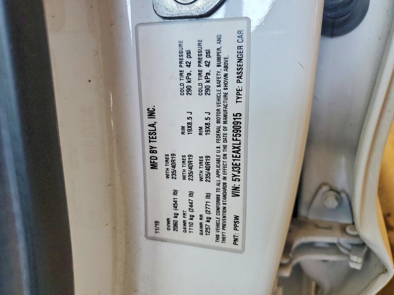 61312326 :رقم المزاد ، 5YJ3E1EAXLF590915 vin ، 2020 Tesla Model 3 مزاد بيع