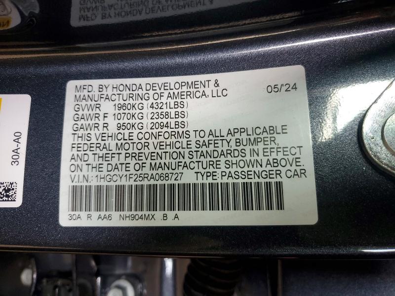 Продажа на аукционе авто 2024 Honda Accord, vin: 1HGCY1F25RA068727, номер лота: 61846316