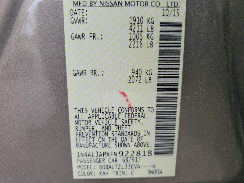 Продаж на аукціоні авто 2015 Nissan Altima, vin: 1N4AL3APXFN922818, номер лоту: 60155416