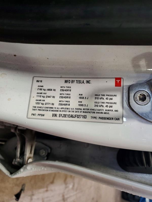 Aukcja sprzedaży 2018 Tesla Model 3, vin: 5YJ3E1EA6JF027163, numer aukcji: 59613836