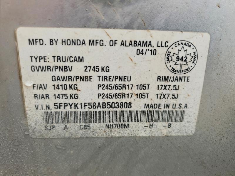 Aukcja sprzedaży 2010 Honda Ridgeline, vin: 5FPYK1F58AB503808, numer aukcji: 62212036
