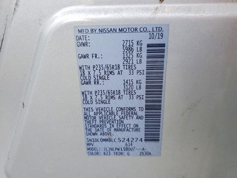 63299616 :رقم المزاد ، 5N1DL0MM8LC524274 vin ، 2020 Infiniti Qx60 مزاد بيع