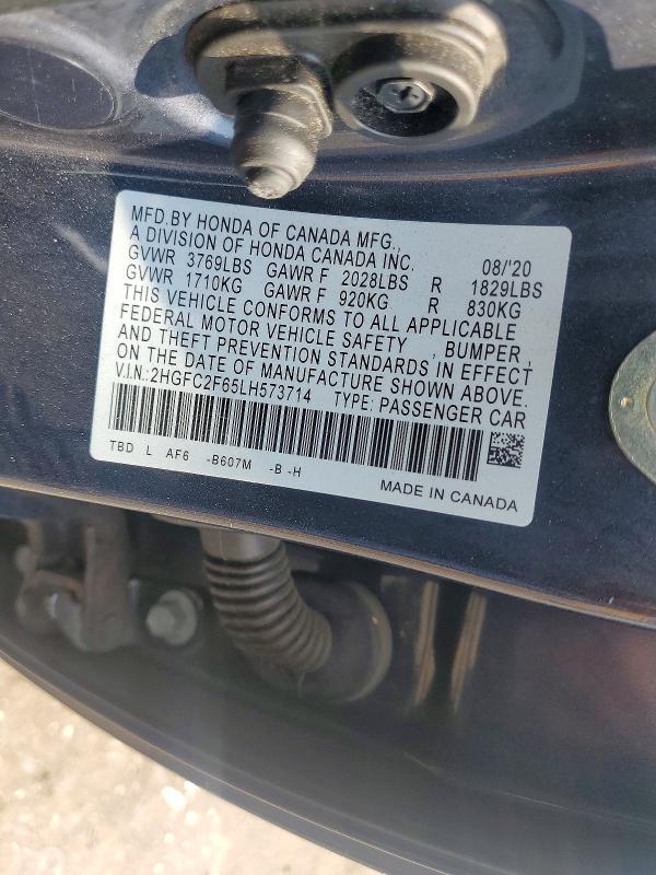 Продаж на аукціоні авто 2020 Honda Civic, vin: 2HGFC2F65LH573714, номер лоту: 61876766
